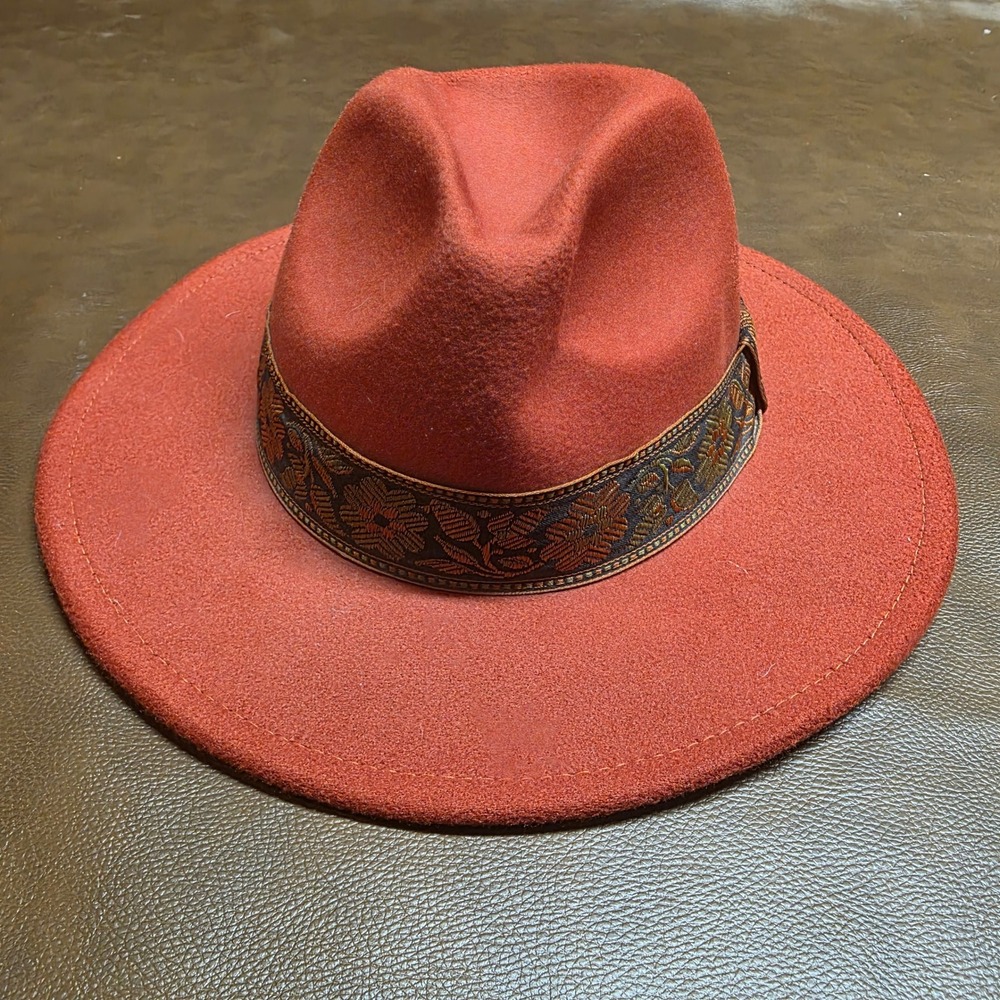Burnt Orange Wide Brim Fedora Hat Floral Jacquard Band Adjustable Rust Felt